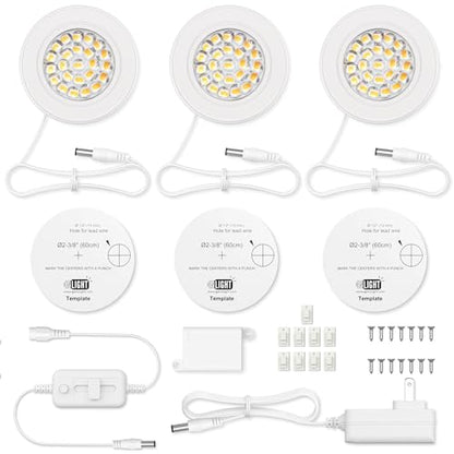 GETINLIGHT 2.5" Wide 3000K Dimmable LED Puck Lights Kit, Plug-in Installation with Recessed or Surface Mounted, White Finish Over Metal Construction, Set of 3, IN-0113-3-WH - color: White