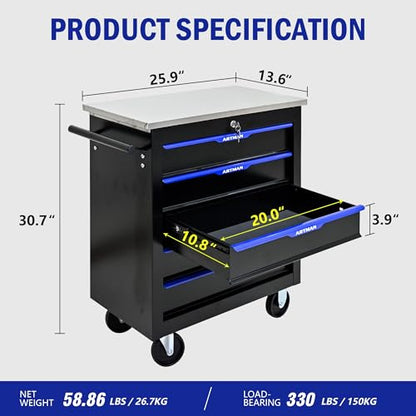 5 Drawer Heavy Duty Rolling Tool Chest, Mobile Metal Lockable Tool Cart with Stainless Steel Worktop, Garage Tool Storage Cabinet for Workshop Auto Repair, Black & Blue, 30.7" H × 25.9" W - size: 5 Drawers