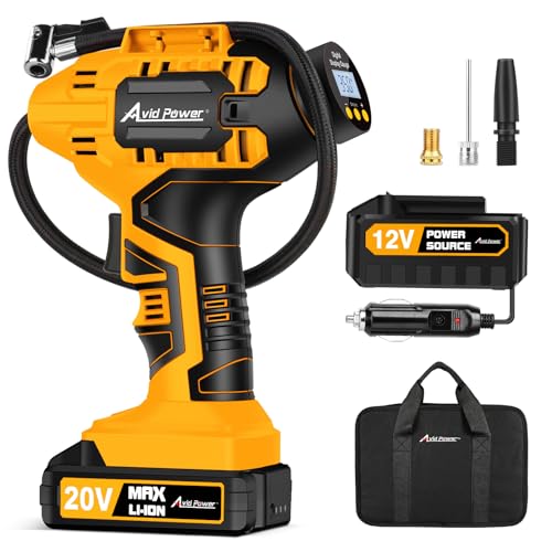 Avid Power Tire Inflator Portable Air Compressor, 20V Cordless Car Tire Pump with Rechargeable Li-ion Battery, 12V DC Adapter, Digital Pressure Gauge, Battery Powered Tire Inflator (Industrial Yellow) - color: 6-industrial Yellow