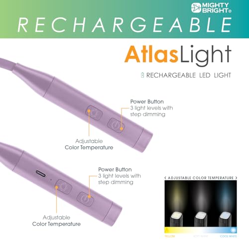 Mighty Bright Atlas Rechargeable Neck Light, 12 LED, 3 Color Temperatures, USB-C Charging Cable Included (Lavender) - color: Lavender