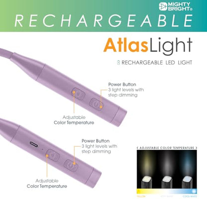 Mighty Bright Atlas Rechargeable Neck Light, 12 LED, 3 Color Temperatures, USB-C Charging Cable Included (Lavender) - color: Lavender