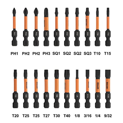 Railer 20pc Impact Driver Bit Set - Premium S2 Steel Screwdriver Bits with Torx, Hex, Phillips, Square & Slotted - Heavy Duty 1/4" Hex Shank Bits with Crushproof Storage Bit Holder & Carabiner Clip - color: Hi-vis Green Bitrail
