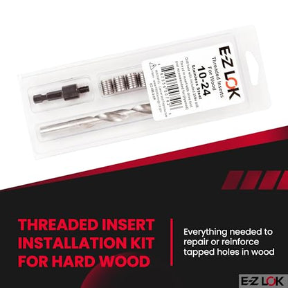 E-Z LOK 400-3-CR Threaded Inserts for Wood, Installation Kit, Stainless Steel, Includes 10-24 Knife Thread Inserts (6), Drill, Installation Tool - size: 10-24