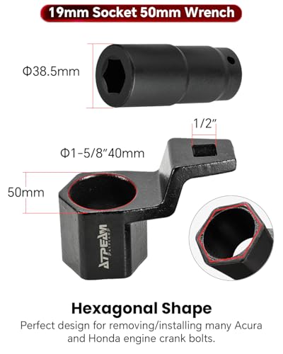 ATPEAM Crank Arm Removal Tool Crank Arm Tool for 1/2" Drive for Honda and Acura Engines (19mm Socket & 50mm Pulley Wrench) - size: 19mm Socket & 50mm Pulley Wrench
