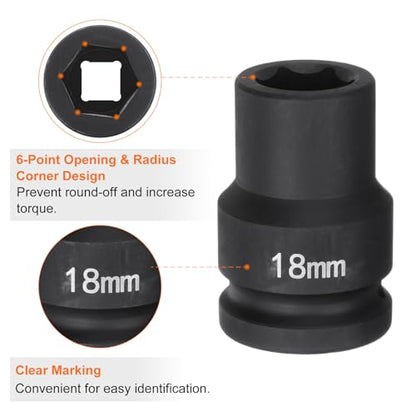 HARFINGTON 6-Point Impact Socket 3/4" Drive 18mm Metric 40Cr Alloy Steel Spindle Axle Nut Impact Socket - size: 18mm