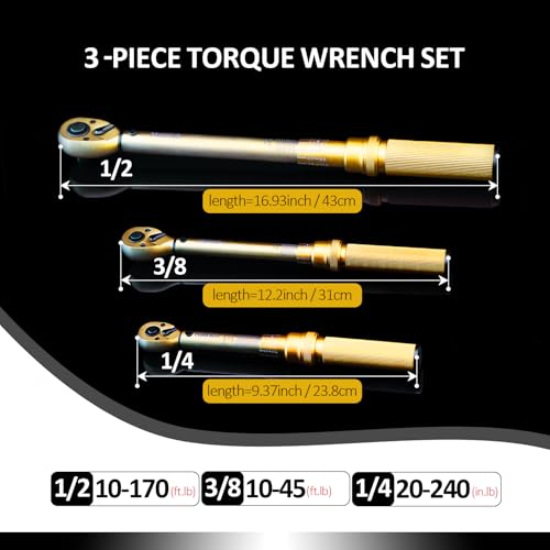 Hairich 1/4 3/8 1/2 inch Drive Click Torque Wrench, 3Pcs Torque Wrench Set 20-240in.lb, 10-45ft.lb, 10-170ft.lb,72-Tooth Dual Range Scales with Quick Release Reversible Head for Car - color: Gold
