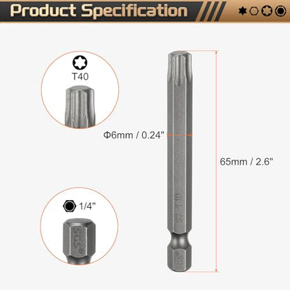 HARFINGTON 3pcs T40 Torx Head Screwdriver Bit 1/4" Hex Shank 2.6" (65mm) Long Magnetic No Hole Tip Tamper Proof 6 Point Star Screw Driver Drill Bits S2 Steel Industrial Power Screwdrivers - size: T40 x 2.6"(65mm)