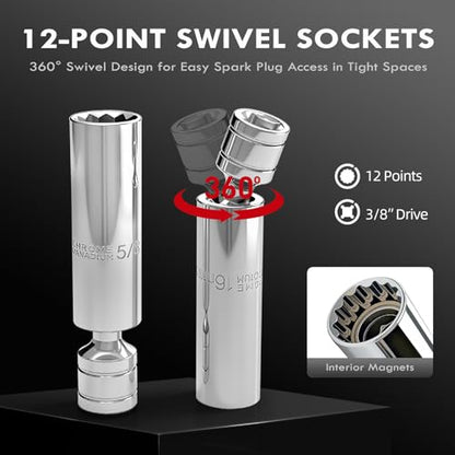 14-Piece 3/8" Digital Torque Wrench Spark Plug Socket Set | 4.2-85 N.m (3-62.6 Ft.lb) with Magnetic Swivel Sockets, LED & Buzzer Alerts, CR-V Steel for Automotive Engine Maintenance - size: 3/8" 14pcs-Spark 4.2-85N.m/3-62.6Ft.lb