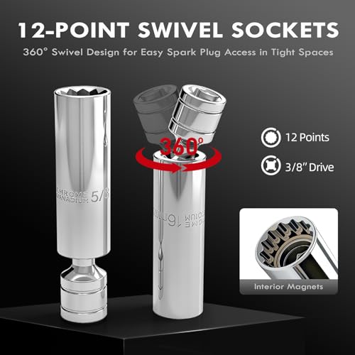 14-Piece 3/8" Digital Torque Wrench Spark Plug Socket Set | 4.2-85 N.m (3-62.6 Ft.lb) with Magnetic Swivel Sockets, LED & Buzzer Alerts, CR-V Steel for Automotive Engine Maintenance - size: 3/8" 14pcs-Spark 4.2-85N.m/3-62.6Ft.lb