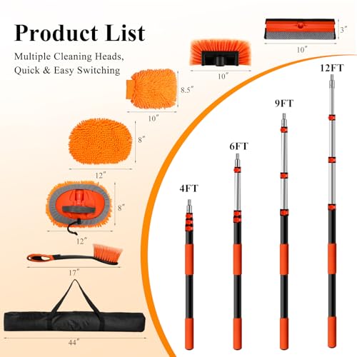 Truck Wash Kit with Long Handle, 12FT Extension Pole with Car Wash Brush, Mop & Window Squeegee, Exterior Cleaning Kit for RV, Large Truck & Car, Includes Wheel Brush, Wash Mitt & Storage Bag