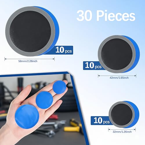 Tire Patch Kit with Wooden Roller Tool,30-Piece Tube Repair Patches for Car, Truck, Motorcycle, Bike,3 Sizes (10 Each of 32mm, 42mm, 58mm),Puncture Repair Kit for Tires & Tubes