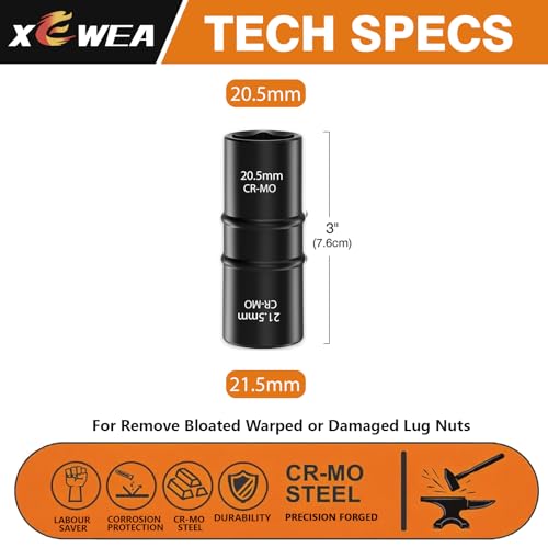 XEWEA 1/2 Inch Drive 20.5mm x 21.5mm Thin Wall Impact Flip Socket, Lug Nut Impact Socket Set Double Ended Thin Wall Nut Sockets CR-MO Twist Removal Tool for Stripped Rusted Bolts - size: 20.5 mm x 21.5 mm