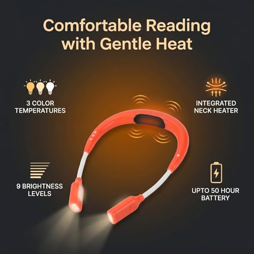 Orange LED Neck Light, Heated Flexible Reading Lamp with 3 Color 9 Brightness, Rechargeable Bendable Neck Light with 2000mAh Battery, for Campers, Mechanics, and Night Readers