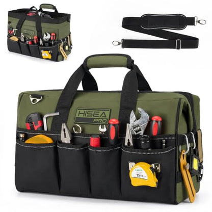 HISEA Heavy Duty Tool Bag 20 Pockets, 16-Inch Portable Tool Box Organizer | Waterproof, Wide Mouth, Large Storage Toolbag for Electrician, Tradesman, with Adjustable Shoulder Strap, Soft Handle