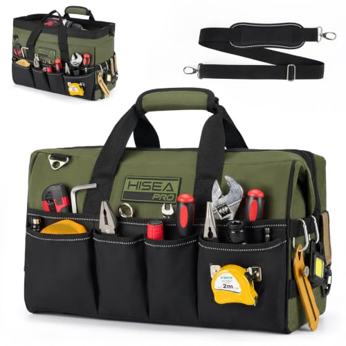 HISEA Heavy Duty Tool Bag 20 Pockets, 16-Inch Portable Tool Box Organizer | Waterproof, Wide Mouth, Large Storage Toolbag for Electrician, Tradesman, with Adjustable Shoulder Strap, Soft Handle