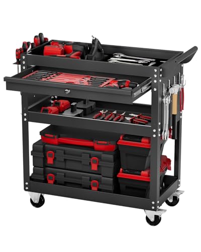VEVOR 4-Tier Tool Cart with Wheels, 350 lbs Load Capacity, Rolling Work Cart with Drawer & Pegboard, Mechanic Tool Storage Organizer with Locking System for Garage, Warehouse and Repair Shop, Black - style: 4-Tier-350 lbs with 1 Drawer