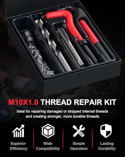 Kolvoii M10×1.0 Helicoil Thread Repair Kit, Metric M10 Helicoil kit with HSS Drill Bit, Tap & Stainless Steel Inserts for Brake Caliper & Machinery Repair - size: M10X1.0