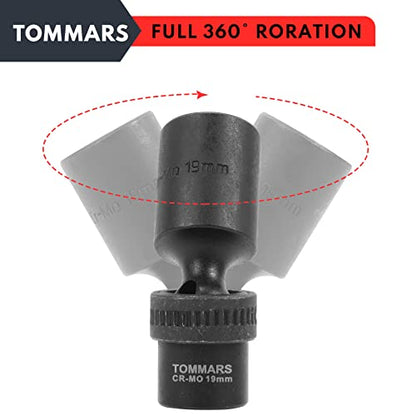 TOMMARS 3/8" Drive Universal Swivel Impact Socket Set Deep, 6 Point Wobble Flexible Socket Set Metric 10-19 mm CR-MO Steel | Deep 6 Point, Wobble Flexible, Metric, CR-MO Steel