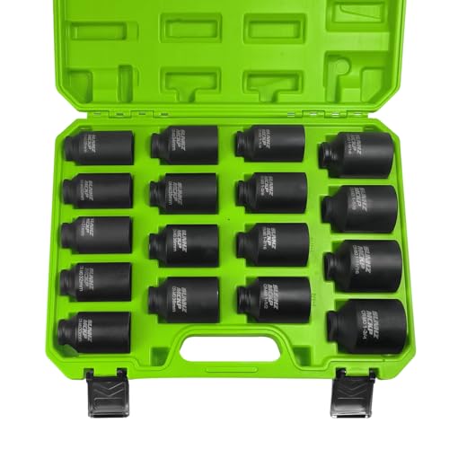 SUNHZMCKP 1/2" Drive Deep Impact Socket Set 17-Piece, Spindle 6 Point Axle Nut Sockets Set, Standard SAE (1-1/4-Inch to 1-3/4-Inch) and Metric (29mm - 38mm) Large Socket, CR-MO, Impact Grade - color: 17-piece, size: 17-Pc 1/2" SAE and Metric Drive Impact