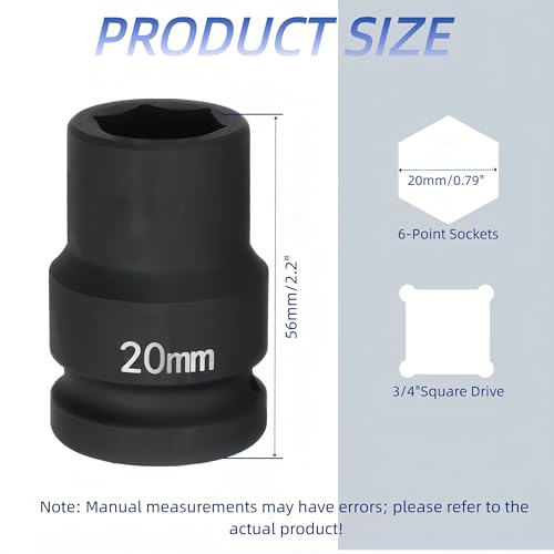3/4"Drive x 20mm Metric, 6-Point Deep Impact Socket, Axle Nut Impact Socket | 40CR Alloy Steel,Clear labeling, Common Tools for Car Repair/Mechanical Work/Construction/Carpentry and Home Maintenance - size: 20mm