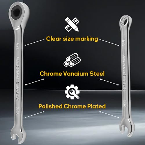 1/4 Inch Ratcheting Wrench 2 Pcs 72-Tooth 12-Point Chrome Plated | Forged 45# Carbon Steel Durable, 5-Degree Arc For Tight Spaces, 12-Point Protects Fasteners, Polished Chrome Anti-Rust - size: 1/4 Inch