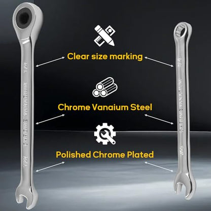1/4 Inch Ratcheting Wrench 2 Pcs 72-Tooth 12-Point Chrome Plated | Forged 45# Carbon Steel Durable, 5-Degree Arc For Tight Spaces, 12-Point Protects Fasteners, Polished Chrome Anti-Rust - size: 1/4 Inch