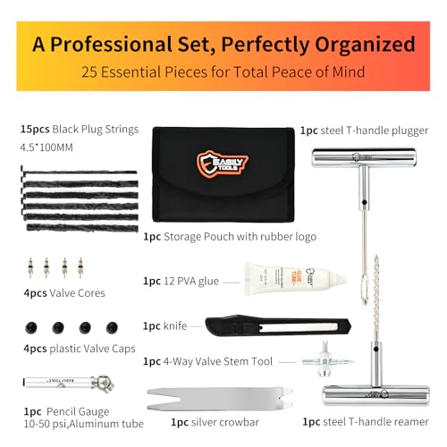 Professional 25-Piece Tire Repair Kit - Complete Emergency Kit for Car, Motorcycle. All-in-One Portable Oxford bag with Essential Tools & Step-by-Step Manual. Ready to Use, No Extra Purchase Needed.