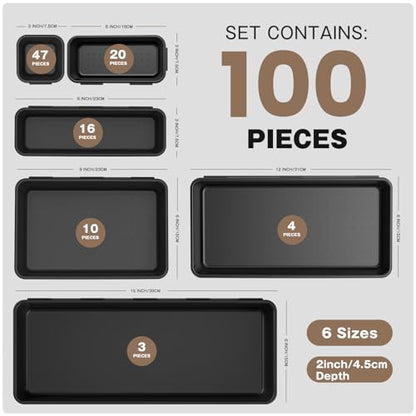 A-LuGei 【𝟲 𝗦𝗜𝗭𝗘 & 100PCS】 Tool Box Organizer Tray Set【Fits 100+ Tools】 Black Plastic Drawer Divider Desk Drawer Organizer Garage Organization for Rolling Tool Chest Cart Workbench Office Storage