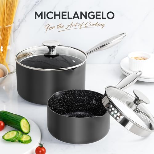 MICHELANGELO Hard Anodized Saucepan Set with Lids, Nonstick Saucepan with Pour Spouts & Strainer Lid for Easy Pour, Granite Derived Coating Sauce Pot Set - 1.5QT & 3QT Induction Sauce Pans - size: 1.5+3 Quarts