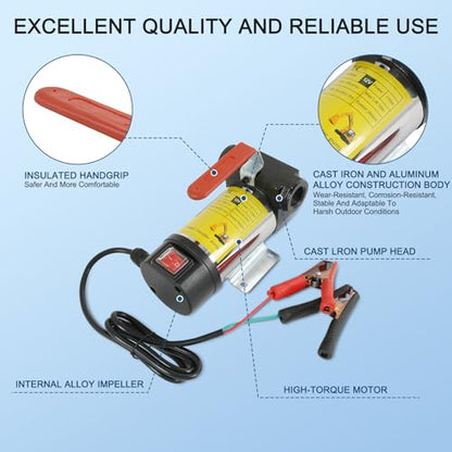 DICMIC Diesel Fuel Transfer Pump Kit, 10 GPM 12V DC Portable Electric Self-Priming Fuel Transfer Extractor Pump Kit with Automatic Shut-Off Nozzle Hose for Diesel, Kerosene, Machine, Transformer Oil