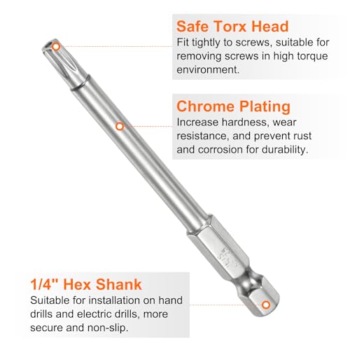 HARFINGTON 2pcs T25 Security Torx Bit 1/4" Hex Shank 3" Long S2 Steel Magnetic Tamper Resistant Star Bits Screwdriver Torx Head with Hole for Driver Drill Bits Remove Fastening Screws - size: T25
