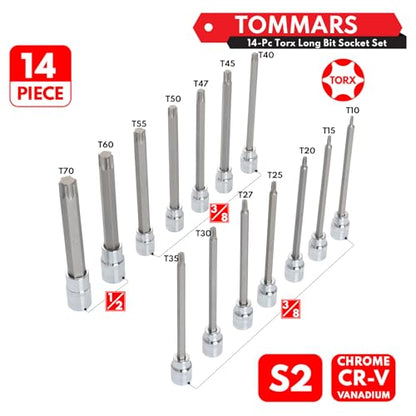 TOMMARS 14-PC Long Torx Bit Socket Set | T10, T15, T20, T25, T27, T30, T35, T40, T45, T47, T50, T55, T60, T70, 3/8", 1/2" Drive, S2 Alloy Steel - style: Long Torx Bit Socket Set