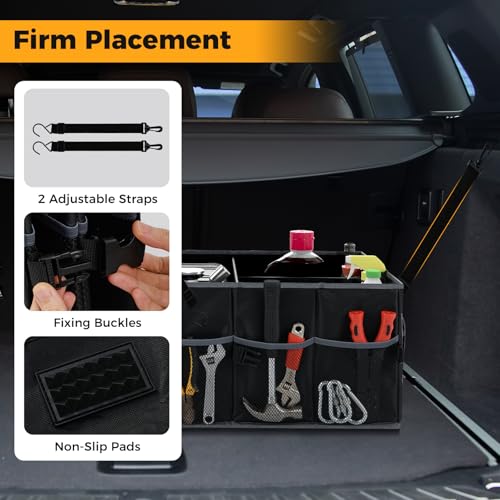 Car Trunk Organizer, 13 Gallon Collapsible Cargo Storage Box with Removable Divider & 6 Pockets, 3-Compatment Trunk Container with Securing Straps & Non-Slip Bottom for SUV, Sedan - size: 13 Gallon