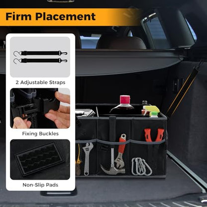 Car Trunk Organizer, 13 Gallon Collapsible Cargo Storage Box with Removable Divider & 6 Pockets, 3-Compatment Trunk Container with Securing Straps & Non-Slip Bottom for SUV, Sedan - size: 13 Gallon