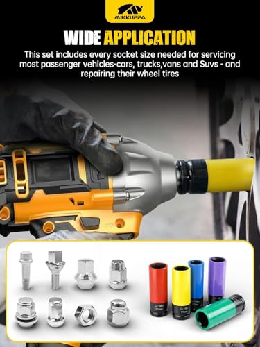 MIKKUPPA 1/2" Drive Lug Nut Socket Set - 5 Pieces 15 17 19 21 22 MM Non-Marring Thin Wall Wheel Protector Impact Socket Tool Kit