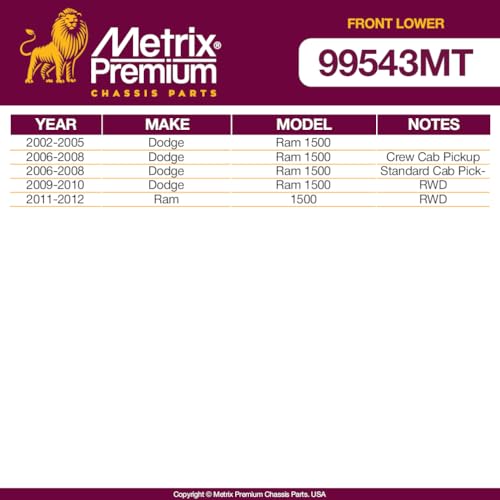 Metrix Premium Chassis Parts - 2 PC Front Lower Ball Joint Kit Fits 2002-2005 Dodge Ram 1500, 2006-2008 Dodge Ram 1500, 09-10 Dodge Ram 1500 RWD, 11-12 Ram 1500 RWD; 5 Lug Wheels, K7411 Made in Europe - size: K7411 x2/ PAIR