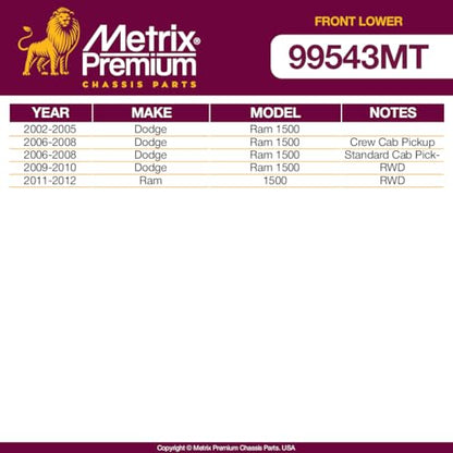 Metrix Premium Chassis Parts - 2 PC Front Lower Ball Joint Kit Fits 2002-2005 Dodge Ram 1500, 2006-2008 Dodge Ram 1500, 09-10 Dodge Ram 1500 RWD, 11-12 Ram 1500 RWD; 5 Lug Wheels, K7411 Made in Europe - size: K7411 x2/ PAIR