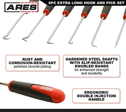 ARES 10035 Extra Long Precision Hook and Pick Set, 6-Piece | Includes angled, straight, and full hooks and picks; hardened steel shafts - size: 6-Piece Extra Long Hook/Pick Set