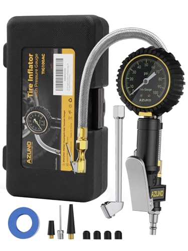 Analog Tire Inflator Gauge with Steel Braided Hose, 100 PSI Mechanical Tire Pressure Gauge – 3-in-1 Inflate/Deflate/Measure, 2.6" Glow Dial, Air Chuck for Car, Truck, SUV, RV, Bike (with Case) - size: 100 PSI Analog-Precision