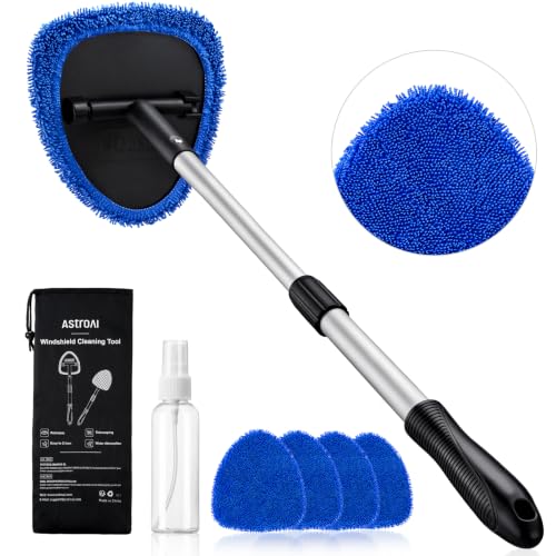 AstroAI 32" Ultra-Long Windshield Cleaner Tool, Car Interior Window Detailing Cleaning Kit with Extendable Handle and 4 Upgraded Reusable Microfiber Pads, Auto Glass Wiper Brush Kit for Car&Home, Blue - color: Blue, size: 32 in