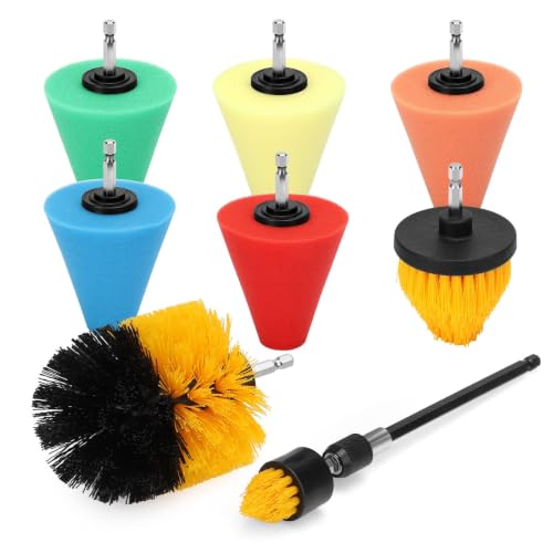 Linkstyle Car Wheel Drill Polishing Pads Kit, 5PCS Foam Buffing Cone, 3PCS Drill Brush Cleaning Attachments, 1/4" Hex Extension Holder, for Car Rims, Exhaust Tips, Metal, Motorcycle