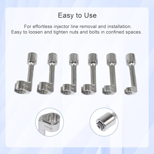 1/2" Dr Injection Line Socket Wrench Set, 6pc 12pt Diesel Fuel Line Socket Set, L-Type Injection Line Socket with 12 14 16 17 18 19mm Wrenches, Fuel Line Dismantling Removal Tool
