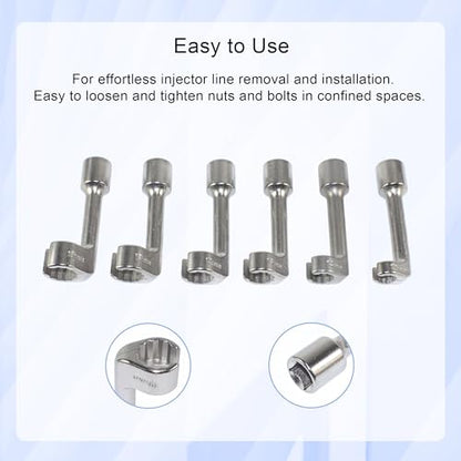 1/2" Dr Injection Line Socket Wrench Set, 6pc 12pt Diesel Fuel Line Socket Set, L-Type Injection Line Socket with 12 14 16 17 18 19mm Wrenches, Fuel Line Dismantling Removal Tool
