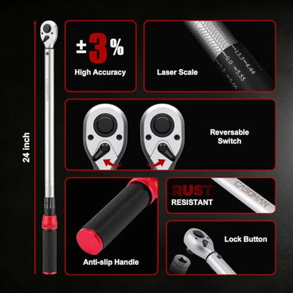CASOMAN 14 PCS 1/2 Inch Click Torque Wrench Set,22.2-244.2 FT.-LB/30-330 Nm, ±3% Accuracy, 72-Tooth Dual Scale Torque Wrench Kit, with Breaker Bar & Extensions & Sockets, for Automotive Tire Repair