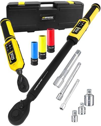 Digital Torque Wrench Set-3/8" & 1/2" Drive Torque Wrench, ±2% Accuracy,1-44 ft-lb/4-250 FT-LB, Backlit LCD, Triple Alert (Vibration/Buzzer/LED), with 17-19-21mm Sockets, 3 Extension Bars & 3 adapters