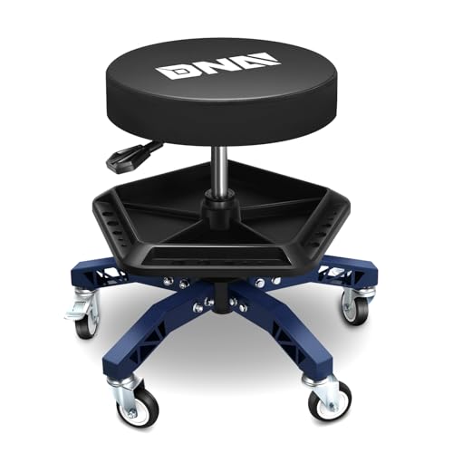 DNA Motoring Rolling Shop Stool, Adjustable Height Padded Rolling Seat, Pneumatic Roller Mechanic Stool for Garages, w/Tool Storage Tray, 300lbs Capacity, TOOLS-00636-BK-BL - style: Blue Tray Model