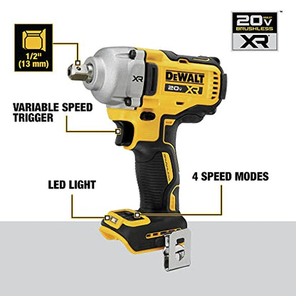 DEWALT 20V MAX XR Cordless Impact Wrench, 1/2", Includes Detent Pin Anvil and Belt Clip, Bare Tool Only (DCF892B) | Bare Tool Only, 20V Max Xr Brushless 1/2 in Impact Wrench with Detent-Pin Anvil and Belt Clip, 4-Speed and Precision Wrench
