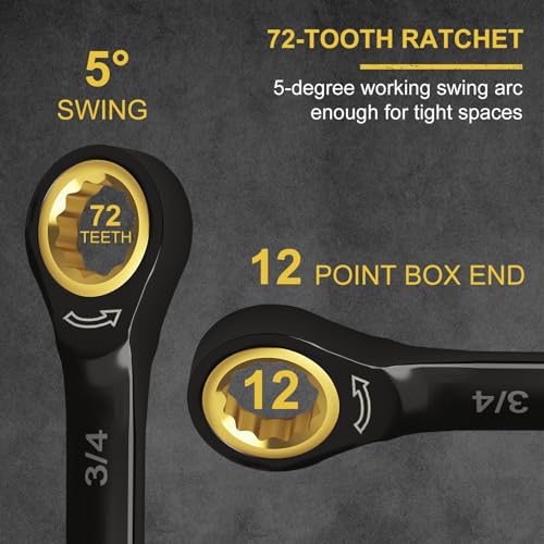 Egofine 3/4 Ratchet Wrench, 3/4 Wrench Ratcheting Combination Wrenches SAE, Industrial Grade Gear Spanner with 12 Point Box End, 72-Teeth Ratchet Black Electrophoretic Coating,CR-V - style: 3/4 inch