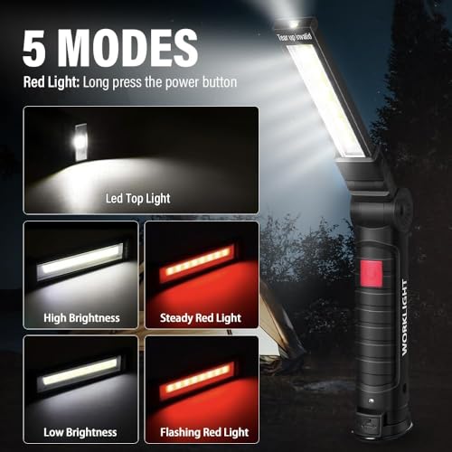 Tool Fathers Day Dad Gifts for Men Him Husband, LED Rechargeable Work Light for Mechanic with Magnetic Base Hook, Grill Light Inspection Flashlight 5 Modes 360° Rotate Car Repair Emergency Birthday - color: Black