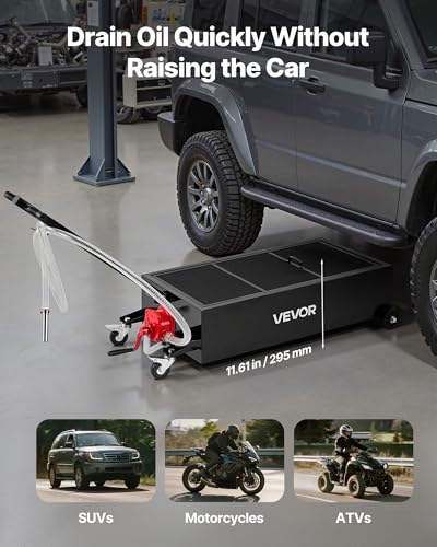 VEVOR Low Profile Oil Drain Pan, 25 Gallon Capacity, Rolling Oil Drain Pan with Manual Pump, 7.2 ft Hose & T Folding Handle, Leak-Proof & Corrosion-Resistant, Fit for Cars, SUVs, Trucks, ATVs, Black - size: 25 Gallon